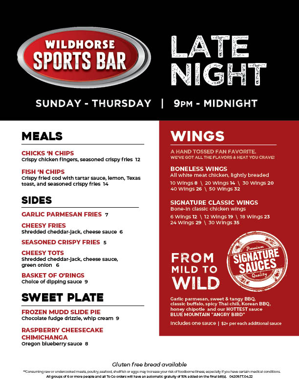 Sports Bar - Menu - Wildhorse Resort & Casino